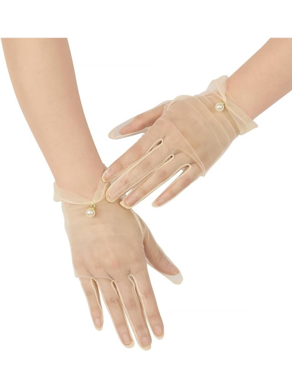 Women's Champagne Short Pearl 1920s Formal Bridal Wedding Wrist Tulle Gloves